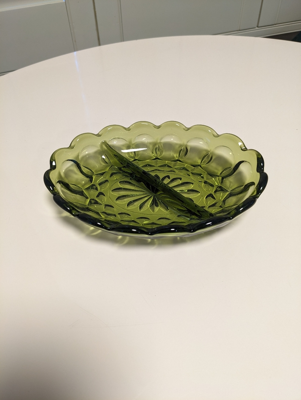 Anchor Hocking Divided Glass Dish in Avocado Green